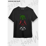 Unisex Oversize Kalıp Starwars 3'lü Maske Tasarım Baskılı Tshirt - Siyah