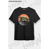 Unisex Oversize Kalıp Starwars Yoda Baby Yoda Tasarım Baskılı Tshirt - Siyah