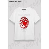 Unisex Oversize Kalıp Targaryen Game Of Thrones Tasarım Baskılı Tshirt - Beyaz