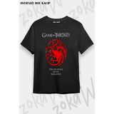 Unisex Oversize Kalıp Targaryen Game Of Thrones Tasarım Baskılı Tshirt - Siyah - XL
