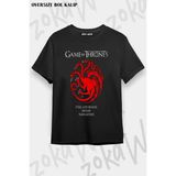 Unisex Oversize Kalıp Targaryen Game Of Thrones Tasarım Baskılı Tshirt - Siyah