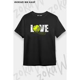 Unisex Oversize Kalıp Tenis Love Raket ve Top Tasarım Baskılı Tshirt - Siyah