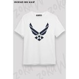 Unisex Oversize Kalıp United States Air Force Logo Tasarım Baskılı Tshirt - Beyaz - XL