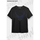 Unisex Oversize Kalıp United States Air Force Logo Tasarım Baskılı Tshirt - Siyah - XL