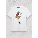 Unisex Oversize Kalıp Uzay Balon Gezegen Tasarım Baskılı Tshirt - Beyaz - XL