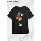 Unisex Oversize Kalıp Uzay Balon Gezegen Tasarım Baskılı Tshirt - Siyah
