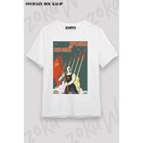 Unisex Oversize Kalıp Uzay Orak Çekiç Tasarım Baskılı Tshirt - Beyaz - XL