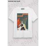Unisex Oversize Kalıp Uzay Orak Çekiç Tasarım Baskılı Tshirt - Beyaz