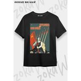 Unisex Oversize Kalıp Uzay Orak Çekiç Tasarım Baskılı Tshirt - Siyah