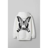 Unisex Oversize Kelebek Baskılı Kalın Kapüşonlu Sweatshirt Beyaz