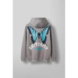 Unisex Oversize Kelebek Baskılı Kalın Kapüşonlu Sweatshirt Gri