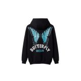 Unisex Oversize Kelebek Baskılı Kalın Kapüşonlu Sweatshirt Siyah