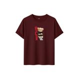 Unisex Oversize Relax Bear Grafik Baskılı Pamuklu Tişört, Streetwear Tarzı, Premium Baskı (Bordo, L)