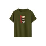 Unisex Oversize Relax Bear Grafik Baskılı Pamuklu Tişört, Streetwear Tarzı, Premium Baskı (Haki, S)