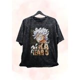 Unisex Özel Tasarım Gear 5 Luffy Retro Tişört, Oversize Anime Baskılı Yıkamalı T-Shirt - XS - Siyah