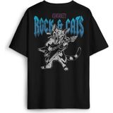 Unisex Pamuk Siyah Meowtallica Rock Cat Metallica Gitar Kedi Sırt Ön Baskılı Oversize Tişört - 2XL