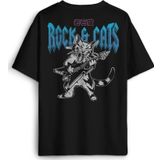 Unisex Pamuk Siyah Meowtallica Rock Cat Metallica Gitar Kedi Sırt Ön Baskılı Oversize Tişört