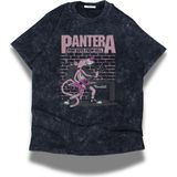 Unisex Pantera Baskılı Yıkamalı Tişört, Oversize Rock-Metal Baskılı Retro T-Shirt - XS - Siyah