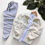 Unisex Pelüş Ceket ve Siyah Eşofman Kombini Alt Üst - Ekru - Gri