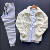 Unisex Pelüş Ceket ve Siyah Eşofman Kombini Alt Üst - XL - Ekru - Gri