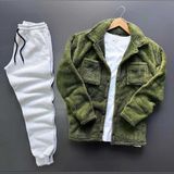 Unisex Pelüş Ceket ve Siyah Eşofman Kombini Alt Üst - XL - Haki - Gri