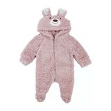 Unisex Pembe Ayı Nakışlı Kapşonlu Peluş Tulum