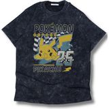 Unisex Pikachu 25 Baskılı Yıkamalı T-Shirt, Oversize Pokemon Temalı Retro Tişört - Siyah