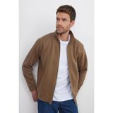 Unisex Relax Fit Rahat Kesim Pamuklu İçi Polarlı Fermuarlı Kahverengi Dik Yaka Flato Cep Sweatshirt Hırka