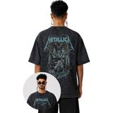 Unisex Ride The Lightning Sırt Yazılı Yıkamalı T-Shirt, Oversize Rock Band Metallica Temalı Tişört - Siyah - 4XL