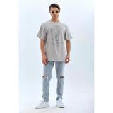 Unisex Salaş Stil Taş İşlemeli Melanj Grisi Oversize Bisiklet Yaka Tişört