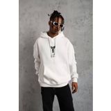 Unisex Sırt Baskılı Kapüşonlu Üç İplik Oversize Sweatshirt - Beyaz