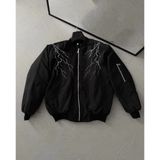 Unisex Siyah Bomber Mont – Beyaz Şimşek Desenli, Fermuarlı Cepli, Kapitone Astarlı Sokak Stili Günlük Ceket - Siyah