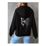 Unisex Siyah Kelebek Sırt Baskılı Ince Mevsimlik Kapşonlu Oversize Hırka