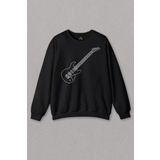 Unisex Siyah Sweatshirt Gitar Çizim Design Guitar Rock Caz Müzik Nota Baskılı Sweat