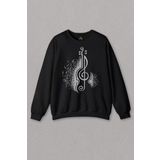 Unisex Siyah Sweatshirt Sol Anahtarı Gitar Guitar Saz Rock Caz Müzik Baskılı Sweat