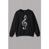 Unisex Siyah Sweatshirt Sol Anahtarı Müzik Nota Es Gitar Saz Bağlama Baskılı Sweat