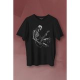 Unisex T-Shirt Skeleton Playing Guitar Heavy Metal Skull Iskelet Gitar Rock Siyah Baskılı Tişört - XL