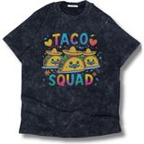 Unisex Taco Squad Baskılı Yıkamalı T-Shirt, Oversize Meksika Yemek Temalı Retro Tişört - Siyah - 3XL