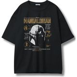 Unisex The Mandalorian Yazılı Tişört, Oversize Star Wars Baskılı Bisiklet Yaka T-Shirt - Siyah - XL