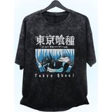 Unisex Tokyo Ghoul Baskılı Yıkamalı Tişört, Oversize Anime Baskılı Eskitme T-Shirt - Siyah