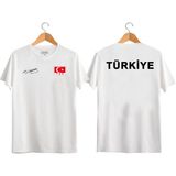 Unisex Türkiye Yazılı Atatürk Imzalı Türk Bayrağı Baskılı Tişört Ayyıldızlı T-Shirt (Normal Kalıp) - Beyaz - 5 - 7 Yaş