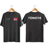 Unisex Türkiye Yazılı Atatürk Imzalı Türk Bayrağı Baskılı Tişört Ayyıldızlı T-Shirt (Normal Kalıp) - Siyah - 7 - 9 Yaş
