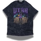 Unisex Utah Yazılı Yıkamalı T-Shirt, Oversize Basketbol Temalı Bisiklet Yaka Vintage Tişört - Siyah - 3XL