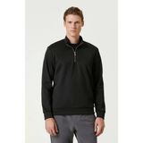 Unisex Uzun Kol Yarım Farmuarlı Yakalı Basic Sweatshirt - Siyah - 2XL