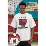 Unisex V Is For Video Gamig Baskılı Tişört, Oversize Komik Oyun Temalı Bisiklet Yaka T-Shirt - Beyaz