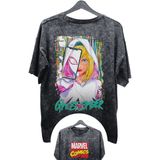Unisex V2 Ghost Spider Baskılı Yıkamalı Tişört, Oversize Marvel Comics Baskılı Eskitme T-Shirt - 2XL - Siyah