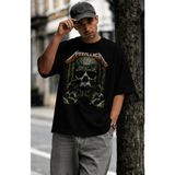 Unisex Vintage Metallica Yazılı Tişört, Oversize Rock Band Baskılı Bisiklet Yaka T-Shirt - Siyah - 2XL