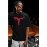 Unisex Vintage Tesla Logo Baskılı Tişört, Oversize Araba Temalı Bisiklet Yaka T-Shirt - Siyah - 4XL