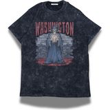 Unisex Washington Yazılı Yıkamalı T-Shirt, Oversize Basketbol Temalı Bisiklet Yaka Retro Tişört - Siyah