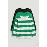 Unisex%100 Pamuk Uzun Kollu 3'lü Çocuk Sweatshirt Seti – Çizgili & Düz Basic Benetton Yeşil Çizgili